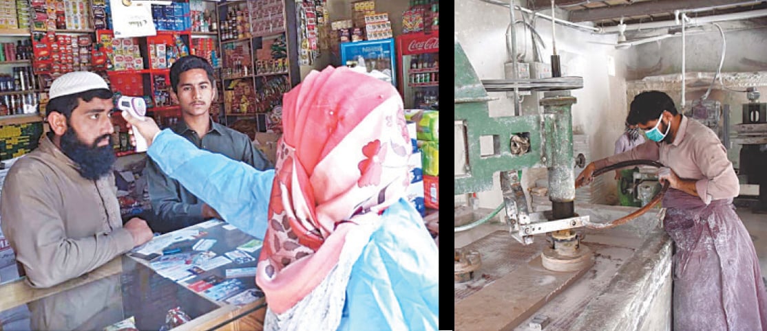 (From left to right): A Punjab Food Authority worker screens a shopkeeper in Multan on Thursday. A labourer works in a tiles and marble factory in Larkana after the construction industry was allowed to open during lockdown.—APP