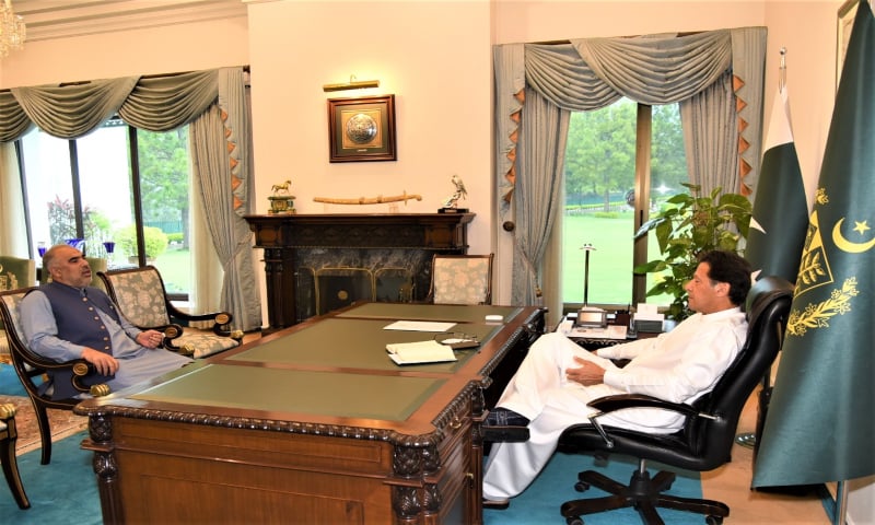 Prime Minister Imran Khan meets NA Speaker Asad Qaiser. &mdash; Photo provided by Javed Hussain