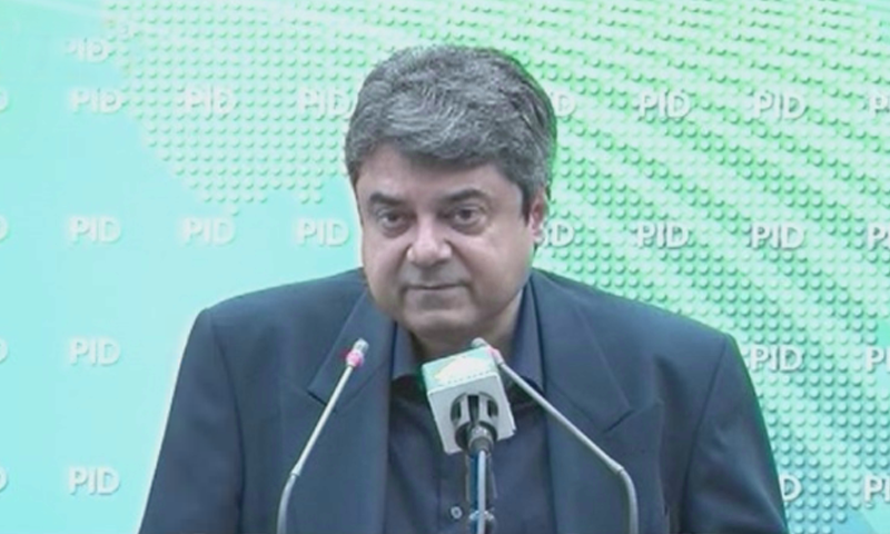 Federal Min­ister for Law and Justice Dr Farogh Naseem speaks to the media in Islamabad, April 19. — DawnNewsTV