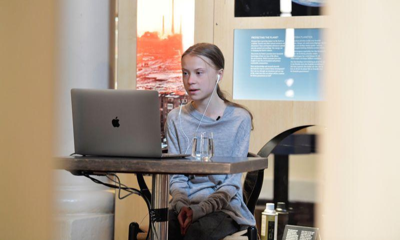 Environmental activist Greta Thunberg participates in a video conversation with Johan Rockstrom, who joins from Germany, about the coronavirus disease and the environment at the Nobel Museum in Stockholm, Sweden on April 22. &mdash; Reuters