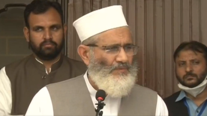 JI chief Sirajul Haq speaks to media in Multan. — DawnNewsTV