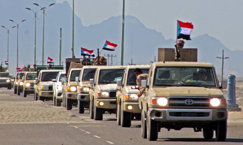 A photo taken on November 26, 2019, shows a reinforcement convoy of Yemen's Security Belt Force dominated by members of the Southern Transitional Council (STC) seeking independence for southern Yemen, heading from the southern city of Aden to Abyan province. — AFP A photo taken on November 26, 2019, shows a reinforcement convoy of Yemen's Security Belt Force dominated by members of the Southern Transitional Council (STC) seeking independence for southern Yemen, heading from the southern city of Aden to Abyan province. — AFP