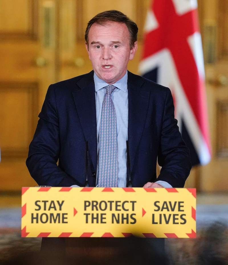 A handout image released by 10 Downing Street, shows Britain's Environment Secretary George Eustice attending a remote press conference to update the nation on the Covid-19 pandemic, inside 10 Downing Street in central London on April 26, 2020. — Via AFP