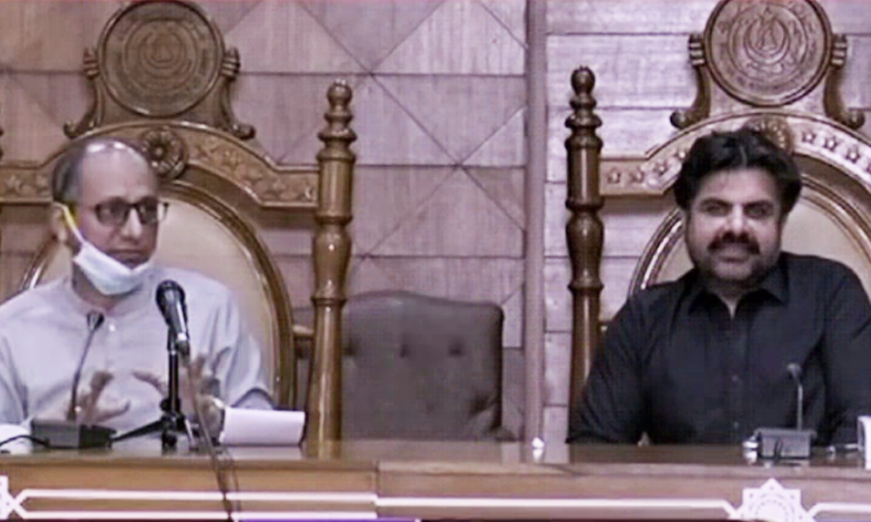 Nasir Hussain Shah and Senator Saeed Ghani address the media. — DawnNewsTV