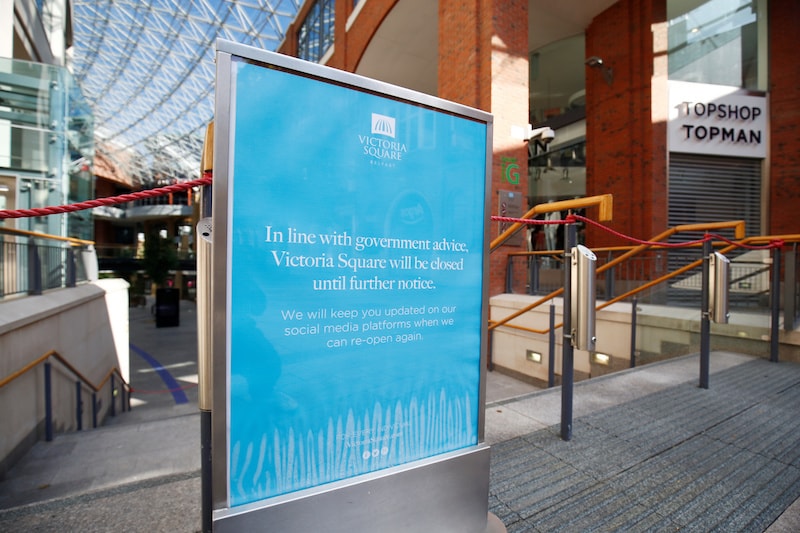 A closed sign is seen at Victoria Square shopping centre in Belfast, following the outbreak of the coronavirus disease in Belfast, Northern Ireland, on May 4, 2020. &mdash; Reuters