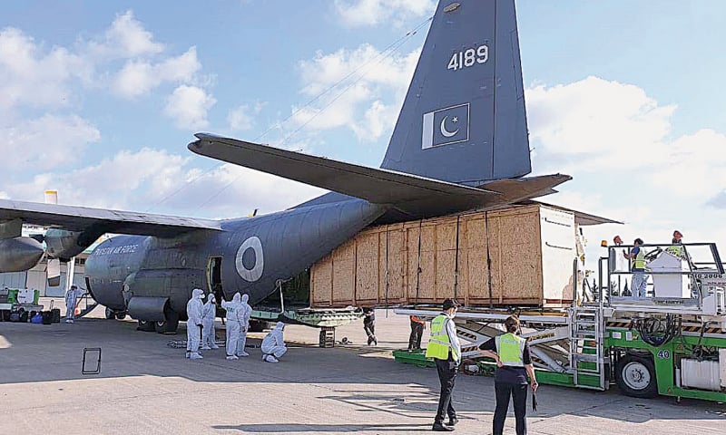 A Pakistan Air Force C-130 aircraft being loaded with Piper Brave spray at Adana in Turkey before departure for Pakistan. The spray aircraft will be assembled before its departure for locust-infested areas in the country, especially in Sindh and Punjab, and would be used to fight the locust onslaught on various crops and cultivable lands. The aircraft arrived in Pakistan on Wednesday.—APP