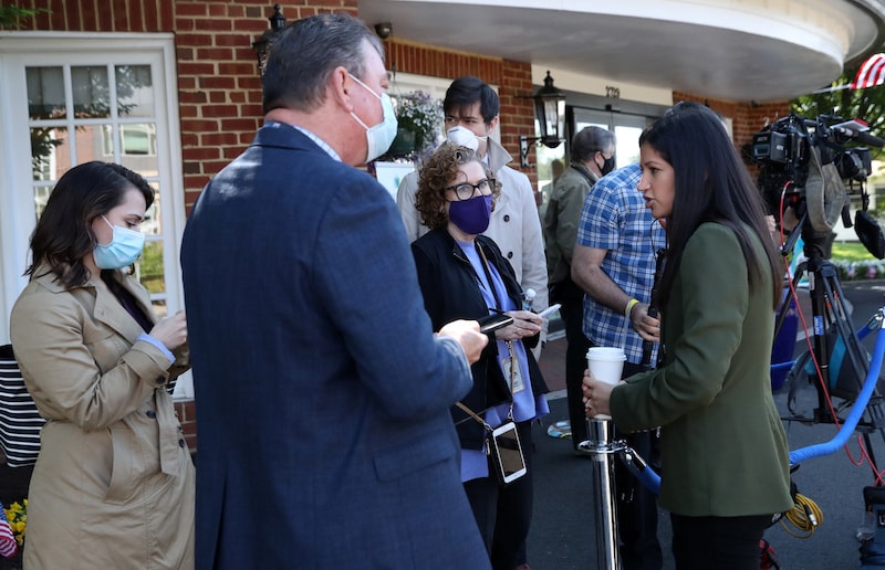 Katie Miller, Press Secretary for US Vice President Mike Pence, speaks with reporters before an event featuring Pence delivering a shipment of PPE to the Woodbine Rehabilitation and Healthcare Center in Alexandria, Virginia, US, on May 7, 2020. — Reuters