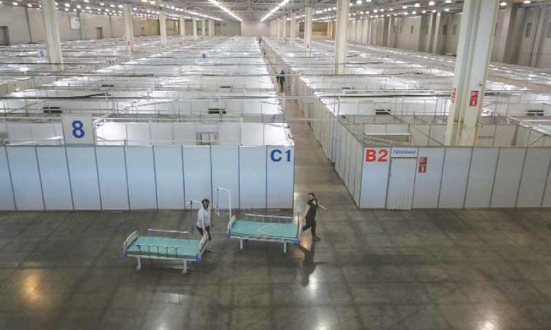 Moscow: An interior view shows a pavilion of Crocus exhibition centre following the decision of local authorities to turn it into a temporary hospital amid the coronavirus disease outbreak.—Reuters