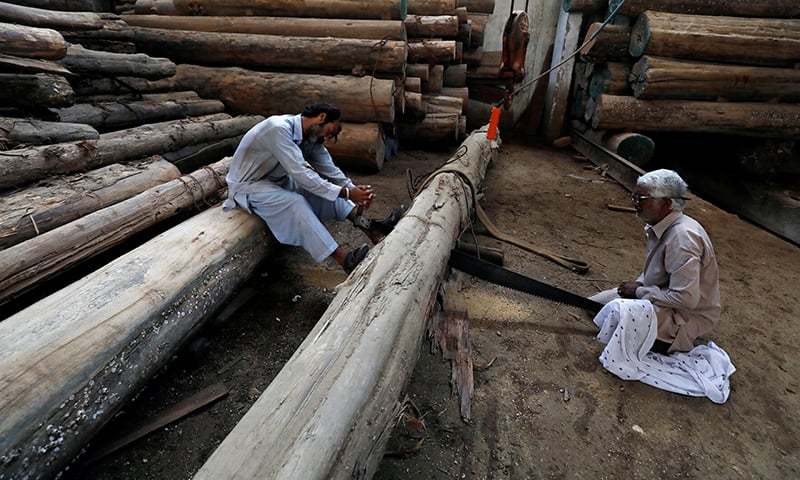Workers use a handsaw as they cut a tree trunk at a warehouse in Karachi. &mdash; Reuters