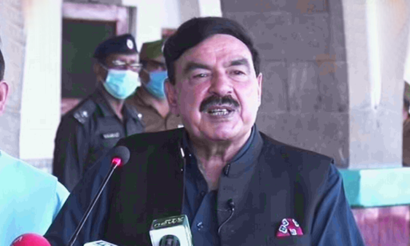 Railways Minister Sheikh Rashid speaks to media. &mdash; DawnNewsTV