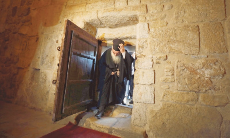 BETHLEHEM: The head of the Greek Orthodox Church in Bethlehem, bishop Theophylactos, reopens the Church of the Nativity as Palestinians ease lockdown restrictions in the Israeli-occupied West Bank.&mdash;Reuters