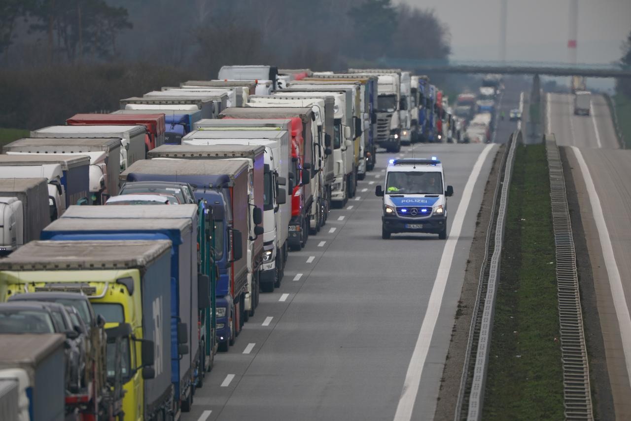 A lorry traffic jam is seen near the German-Polish border in Frankfurt/Oder during the spread of Covid-19 in Germany, March 19. &mdash; Reuters