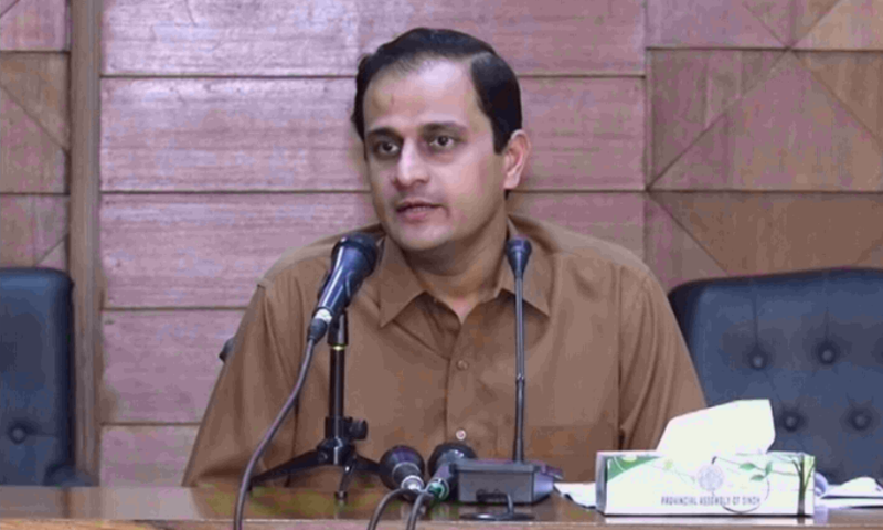Sindh government spokesperson Barrister Murtaza Wahab addressing a press conference. &mdash; DawnNewsTV