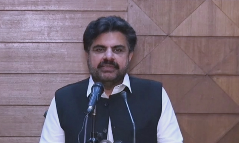 Sindh Information Minister Syed Nasir Hussain Shah speaks to media. — DawnNewsTV