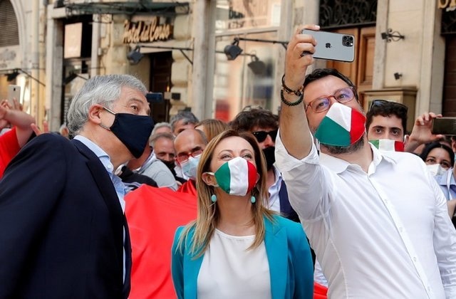 Italian right-wing leaders Antonio Tajani, Matteo Salvini and Giorgia Meloni, with the Italian flag, pose for a picture as they lead a protest against the government of Prime Minister Giuseppe Conte. — Reuters