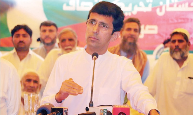 Shahram Khan Tarakai, former minister for local government, addresses his supporters in Swabi on Tuesday. &mdash; Dawn