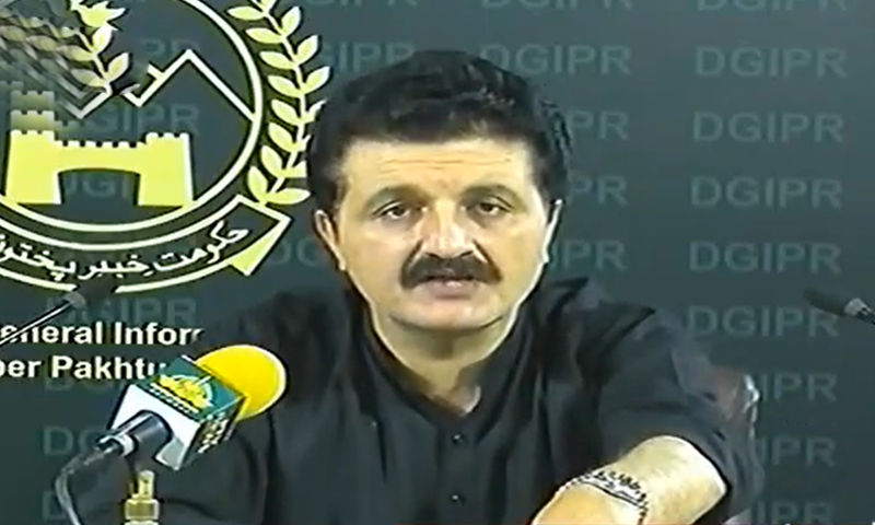 Ajmal Wazir addressing the media in Peshawar. &mdash; DawnNewsTV