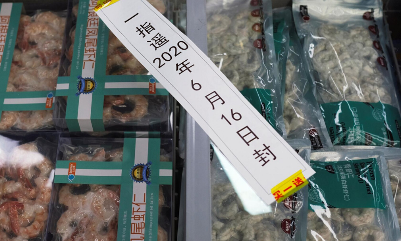 Frozen seafood products made of imported shrimps are seen inside a sealed freezer at a supermarket following a new outbreak of Covid-19 in Beijing, China June 19. &mdash; Reuters
