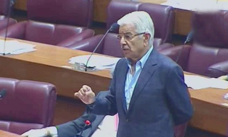 PML-N senior leader Khawaja Asif addresses National Assembly session on Monday. — DawnNewsTV