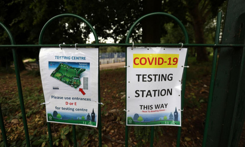 Signs are seen near a mobile army testing unit at Spinney Hill Park, amid the coronavirus disease outbreak, in Leicester, Britain. — Reuters