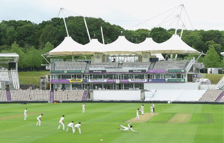 SOUTHAMPTON: A general view as the first ball is bowled during England’s intra-squad warm-up match at the Ageas Bowl on Wednesday.—AP