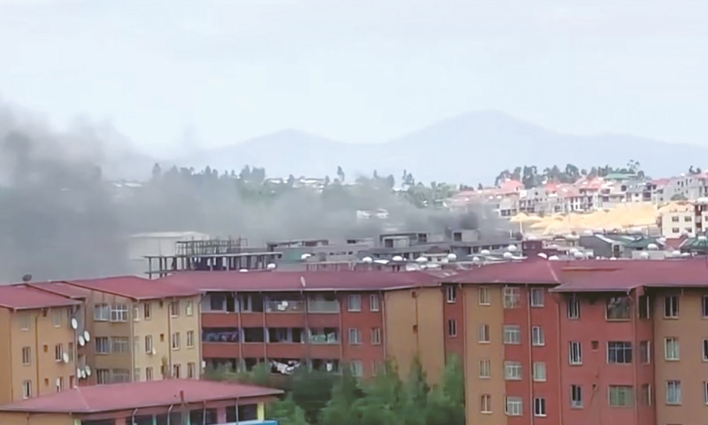 Addis Ababa: Smoke rises over Addis Ababa’s skyline during protests following the fatal shooting of Ethiopian musician Haacaaluu Hundeessaa.—Reuters