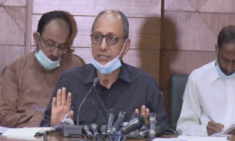 Sindh Education Minister Saeed Ghani addresses the media. — DawnNewsTV