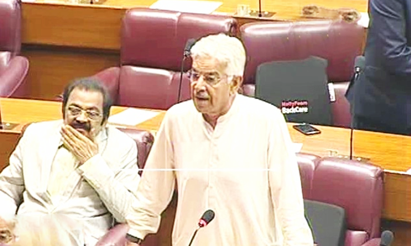 Khawaja Asif says two-nation theory evolved as Muslims were persecuted as a minority before partition. &mdash; DawnNewsTV/File