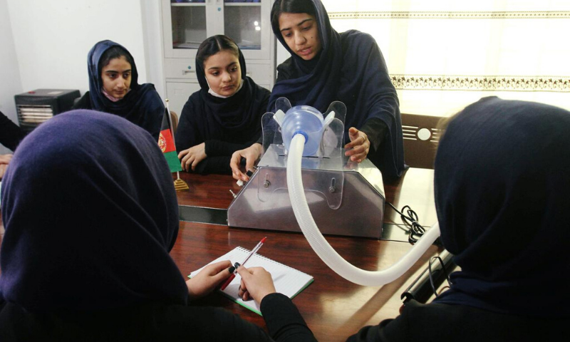 Members of an Afghan all-female robotics team work on an open-source and low-cost ventilator, during the coronavirus outbreak in Herat Province, Afghanistan. — Reuters