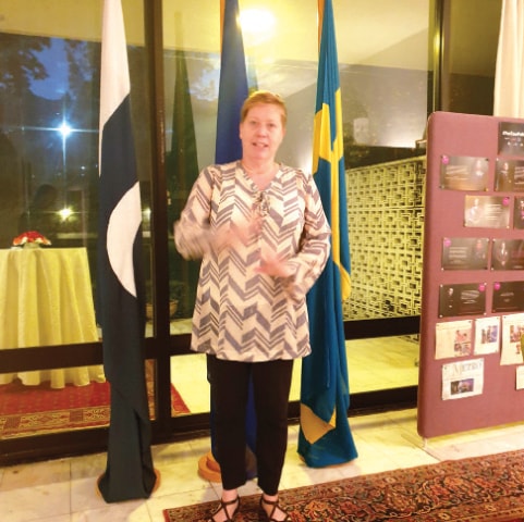 Swedish Ambassador Ingrid Johansson speaks at the farewell reception at her residence in Islamabad.