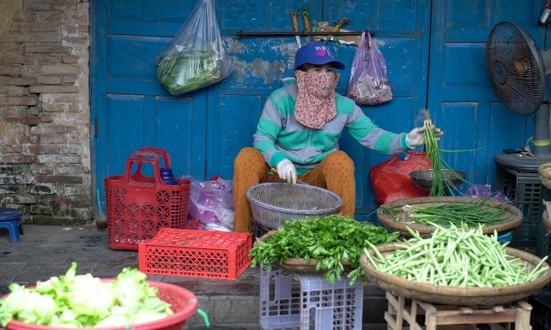 A woman wearing a face mask sells vegetables in Vietnam's Hoi An town on July 31. — Reuters