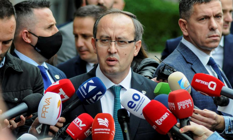 Kosovo Prime Minister Avdullah Hoti talks to media outside the parliament building in Pristina, Kosovo on June 3, 2020. — Reuters/File