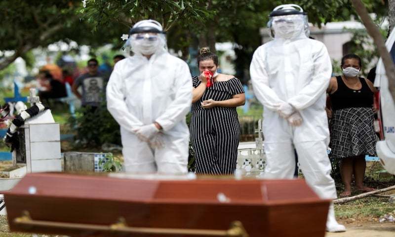 Relatives of a patient, who passed away due to Covid-19, react during her burial at the Parque Taruma cemetery in Manaus, Brazil on April 10, 2020. — Reuters/File