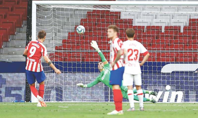 Alvaro Morata scores from a penalty for Atletco Madrid during the La Liga match against Real Mallorca at the Wanda Metropolitano last month.—Reuters/File