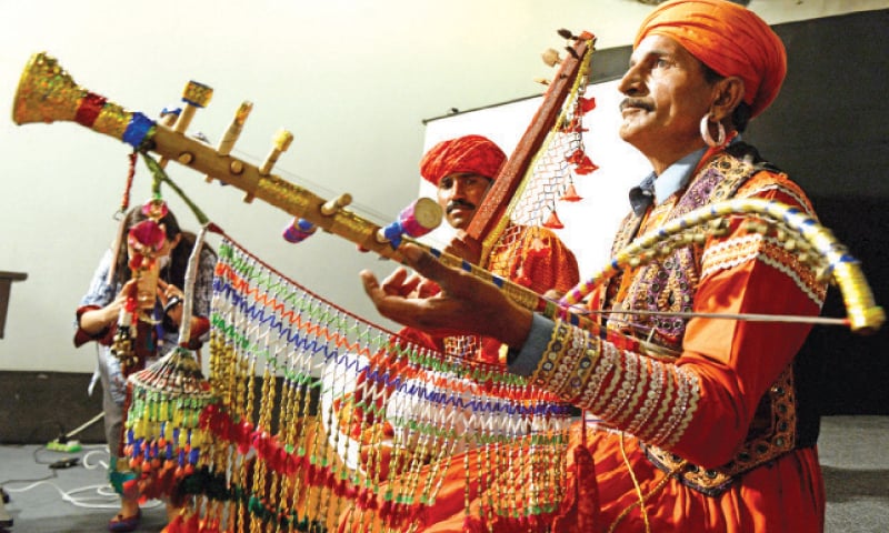 (Clockwise from top left) Zulfiqar Faqeer plays the borindo, Wahid Allan Faqir on the xigheni, Bujla Bugti, a nur sur player and raanti player Ajmal Laal Bheel at the opening ceremony of the country&rsquo;s first music residency programme. &mdash; Photos by Mohammad Asim