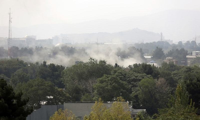 Smoke rises after rocket attack in the city of Kabul, during Independence Day celebrations at Defence Ministry in Kabul, Afghanistan on August 18, 2020. — AP Smoke rises after rocket attack in the city of Kabul, during Independence Day celebrations at Defence Ministry in Kabul, Afghanistan on August 18, 2020. — AP