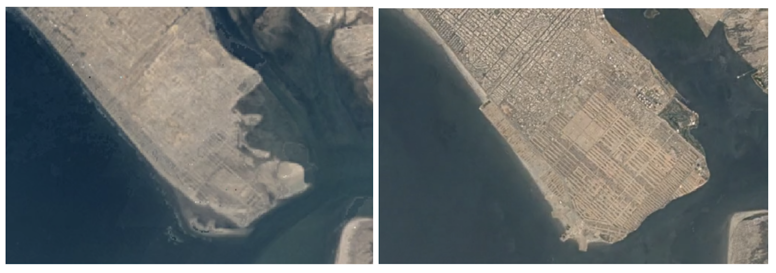 Satellite imagery of DHA Phase-VIII in 1984 and 2018, showing the extent of land reclamation within the area | Courtesy Marvi Mazhar and Associates