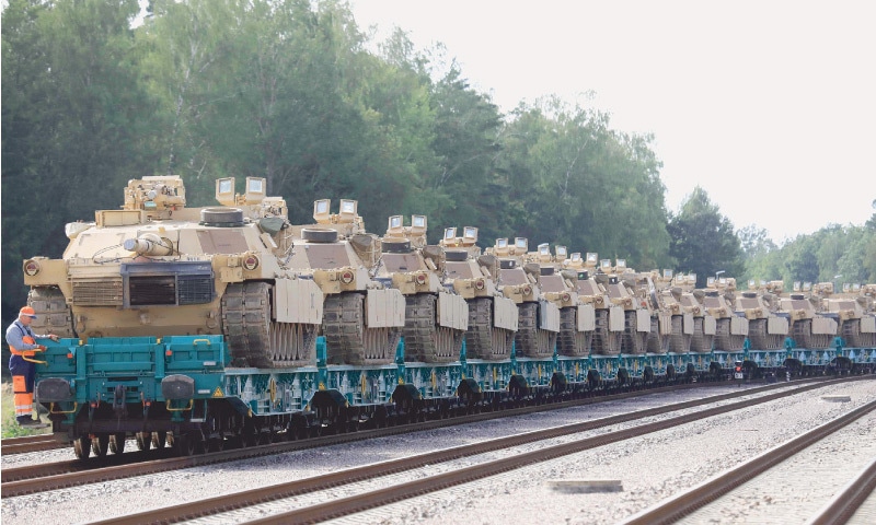 Mockava (Lithuania): US Army Abrams tanks of the 2nd Brigade 69th Regiment 2nd Battalion are pictured at Mockava railway station in Lithuania on Saturday.—AFP