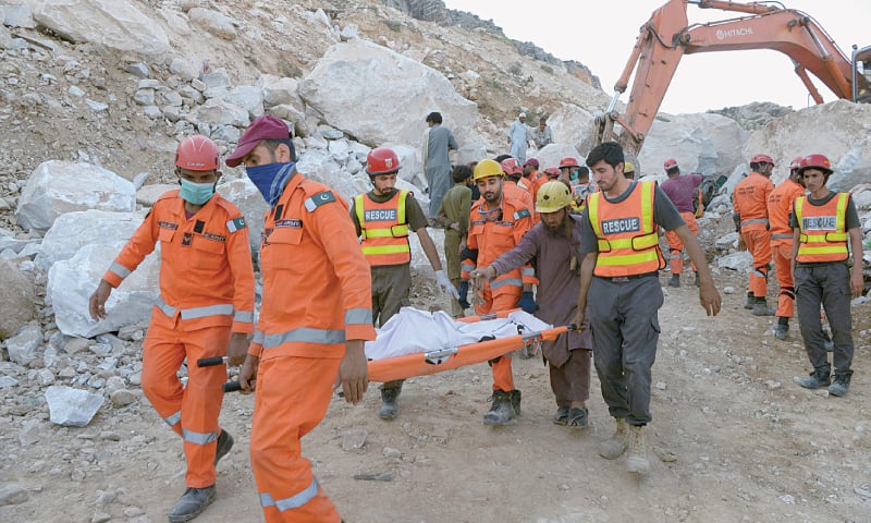 (CLOCKWISE): Rescue 1122 personnel, miners and volunteers take part in an operation on Tuesday to rescue survivors and recover bodies of the deceased from the mines in the Ziarat area of Mohmand tribal district that collapsed a day earlier; a military helicopter hovers over the ill-fated mines; army men remove the body of a miner; and, a general view of the operation.—Abdul Majeed Goraya/AFP