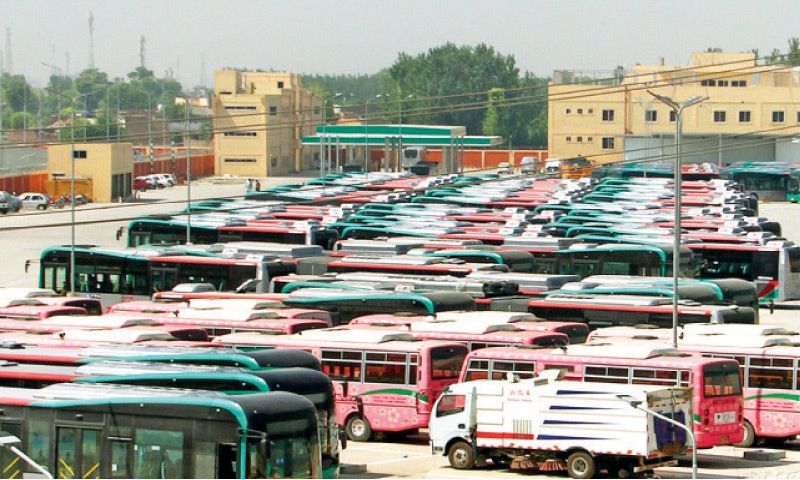 Buses parked at Chamkani terminal, Peshawar, on Thursday after suspension of BRT service. — White Star