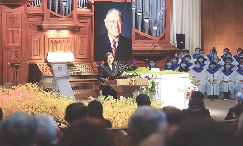 Taiwan President Tsai Ing-wen attends a memorial service for late Taiwan president Lee Teng-hui at a chapel of Aletheia University in New Taipei City on Saturday. &mdash; Reuters
