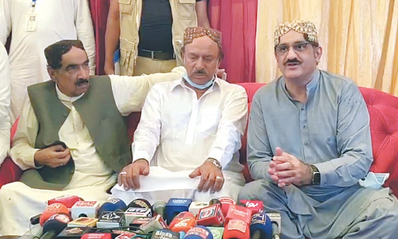 CM Syed Murad Ali Shah speaks to the media in Ghotki on Monday. — PPI