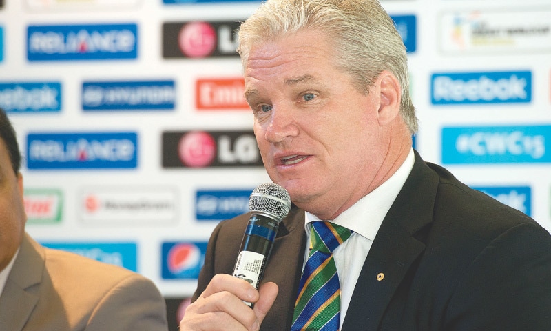 DEAN Jones addressing a press event to celebrate one year to go till the start of the 2015 ICC World Cup in New Zealand and Australia at the Basin Reserve.AFP