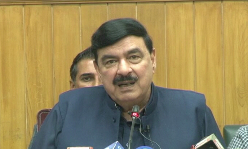 Minister for Railways Sheikh Rashid addresses a press conference in Lahore on Saturday. — DawnNewsTV