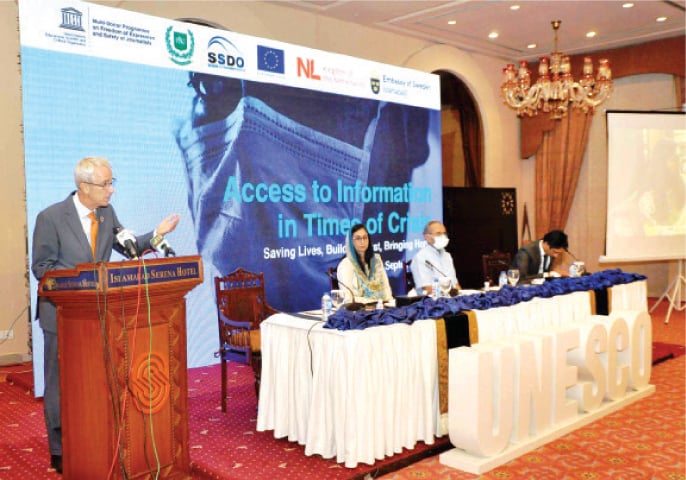 Dutch Ambassador Wouter Plomp speaks at the event in Islamabad on Monday. — APP