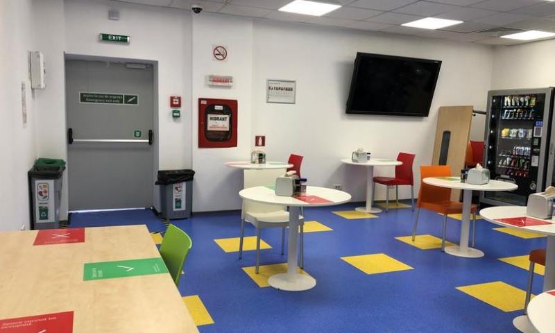 Ericsson's cafeteria, with social distancing signage to prevent the spread of the coronavirus, is seen at its office in West Gate Business Park in Bucharest, Romania, in this July 30, 2020 handout image. — Reuters
