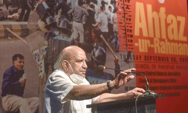 I.A. Rehman speaks at the event.&mdash;White Star