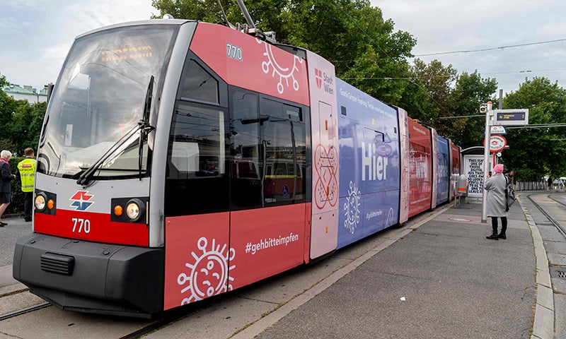 The newly opened mobile vaccination station “Impfbim” located in a tram is pictured in Vienna, Austria, on October 1. — AFP