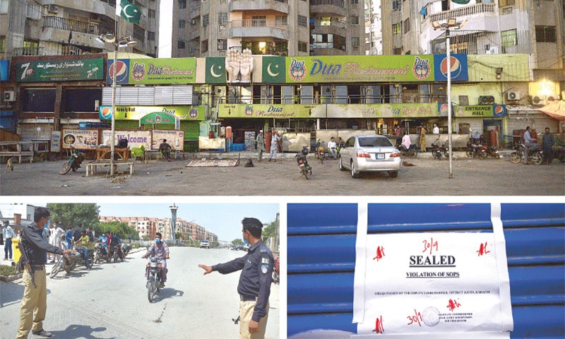 (CLOCKWISE) Several eateries in the Clifton locality are sealed over violation of the SOPs prescribed by Sindh government; the notice affixed on one such outlet; and police personnel manning the entry to a locked-down locality in Manghopir on Thursday. — Photos by Shakil Adil/White Star and agencies