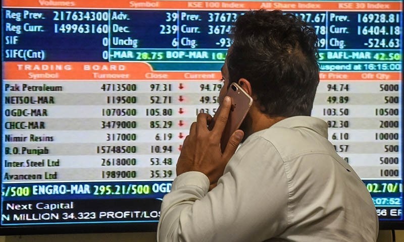 A stockbroker talks on his cellphone as he watches share prices on a screen at the Pakistan Stock Exchange (PSX) in Karachi. — AFP/File